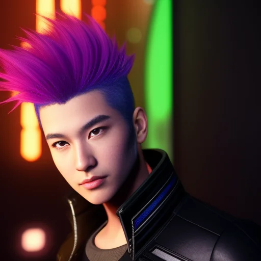 scifi, male_focus,asian-american,wild hair colors,portrait, trading card, virtual, futuristic, punk, victorian, rim lighting,redshift style, seconddusk