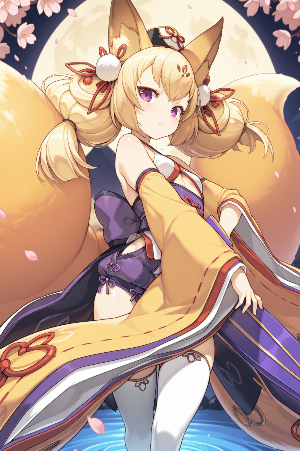 masterpiece, best quality, amazing quality <lora:izuna_ayrb_1.4:1> 
izuna_ayrb,fox girl, twintails,gold hair, hair ribbon, hair ornament,purple eyes, thick eyebrows, short eyebrows, round eyebrows, fluffy tail, animal ears, fox ears,
kimono,underboob,long sleeves,detached sleeves, wide sleeves, bare shoulders,red ribbon,thigh highs, small breasts,
dancing on riverbank, surrounded by falling cherry blossoms, full moon in background, calm water reflection, light wind, ethereal glow, graceful movement, fantasy style