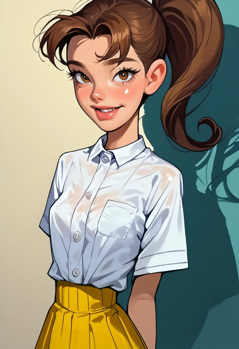 score_9, score_8_up, score_7_up, score_6_up, rating_explicit, realistic, solo focus, a woman, perfect cute face, natural breasts, looking at viewer,
nat, thick lips, 1girl, solo, breasts, ,upper view , , solo, add detailed eyes,portrait of a Luan Loud, cold soft lighting, well-lit, shiny skin, perfect thin waist, perfect round ass, perfect reflection, perfect lighting, perfect shadows, source_anime, cute 18 year old girl, big eyes, looking at viewer, small breasts, ( white shirt, yellow skirt, ponytail, brown hair), parted lip, view from side, eye level, cowboy shot, Fixhand.