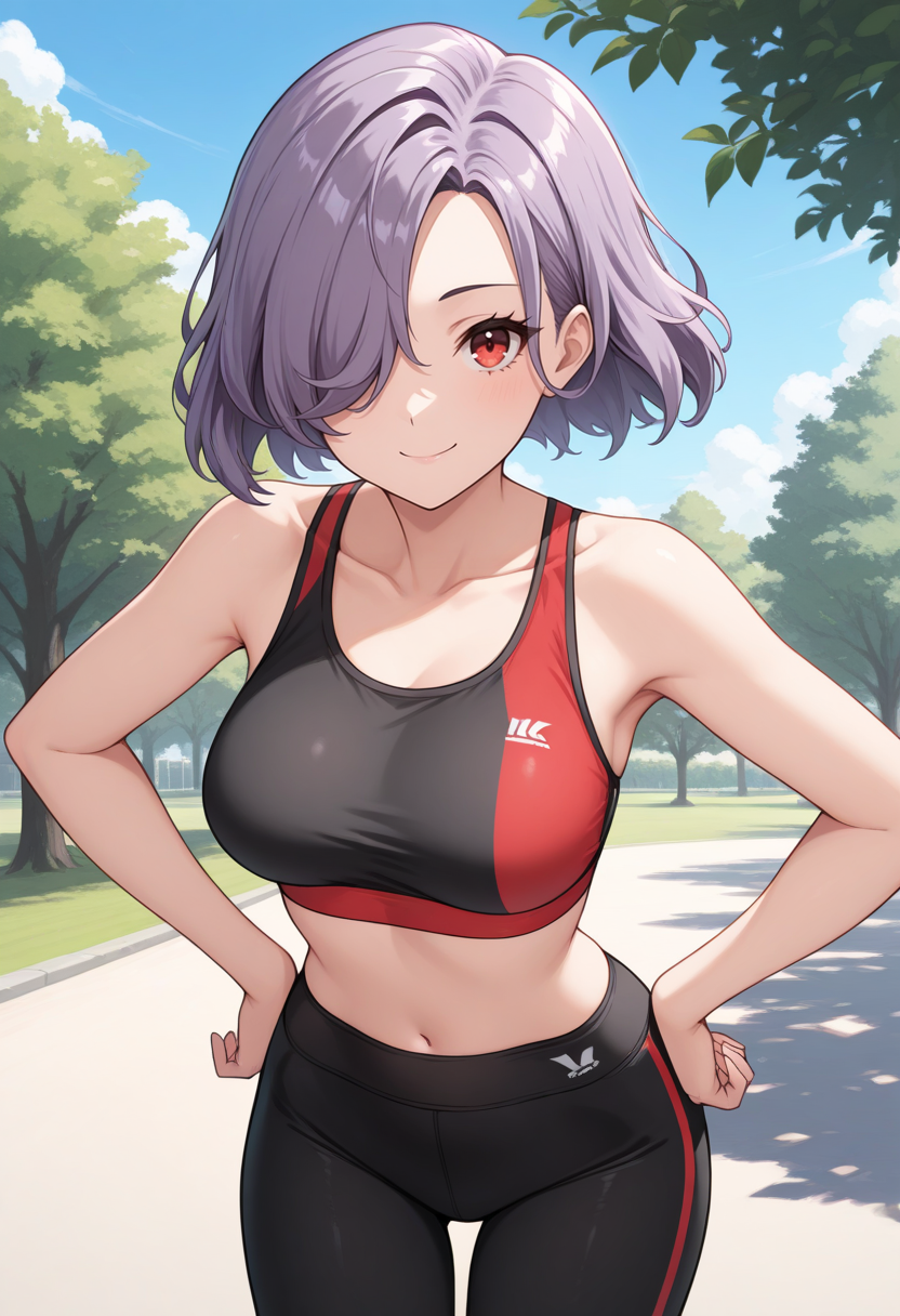 masterpiece, best quality, 1girl, solo, looking at viewer, cowboy shot, smile, park, blue sky hands on hips
red sports bra, black yoga pants
 <lora:zs_ErinaILLU:1> erinap5t, purple hair, short hair, hair over one eye, red eyes,