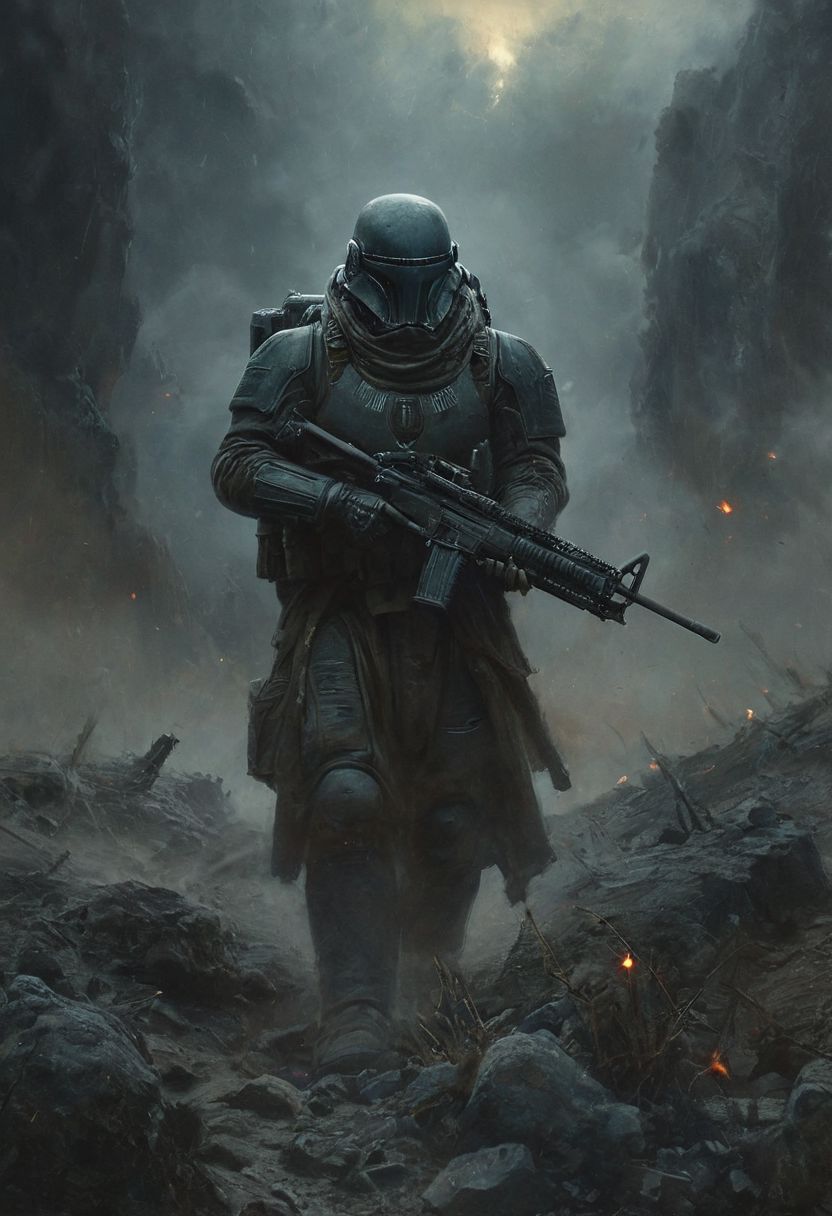 <lora:Dark-Fantasy_YOZ:1>((masterpiece, best quality, high quality, highres, ultra-detailed)),  space marines solders ,space marines soldiers using a machine gun,, oil on canvas, , (best quality, high resolution, extreme detail, outstanding composition, masterpiece:1.4), award winning, Gigginox, digital artwork by Beksinski, extremely detailed, dark, chiaroscuro, low-key,in the style of Kelly Slater ,style by Kelly Slater,closeup,digital artwork by Beksinski, style of Kelly Slate<lora:Dark-Fantasy_YOZ:1>