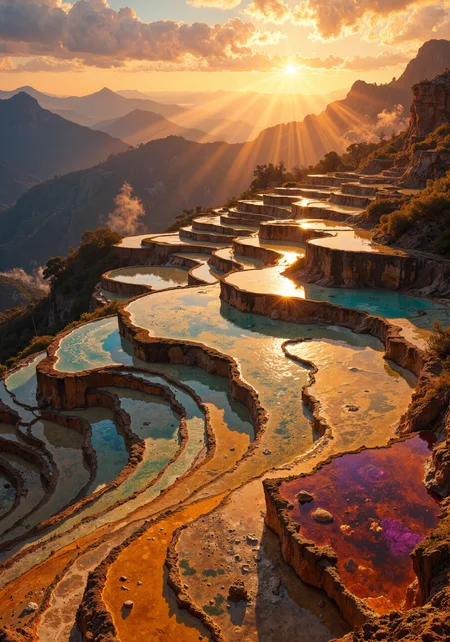 Mesmerizing limestone terraces, cascading in rhythmic patterns, illuminated by a molten gold sunset. The ancient formations glow with ethereal luminance, their mineral-rich waters refracting sunset hues into prismatic displays of amber, turquoise, and violet. Mist rises from thermal springs, catching light like gossamer veils, creating atmospheric perspective. The landscape transitions from ochre terraces to indigo mountains in dramatic chiaroscuro. Delicate calcium deposits form intricate micro-patterns reminiscent of baroque architecture. A hyper-detailed photograph captured during golden hour with a large format camera, exceptional dynamic range revealing both shadowed recesses and brilliantly illuminated edges. Volumetric god rays pierce through scattered clouds, creating celestial light beams that dance across the terraced pools. Ultrafine mineral sediments create opalescent sheens where water meets stone. 8K resolution, photorealistic rendering of water tension and surface tension physics, award-winning National Geographic composition. <lora:Anime v1.3:0.3> <lora:artilands:0.3> <lora:Sinfully_Stylish_1.0_Flux:0.5> <lora:ck-charcoal-drawing-000014:0.2> <lora:FLUX-daubrez-DB4RZ:0.7> <lora:flux_dev:1>