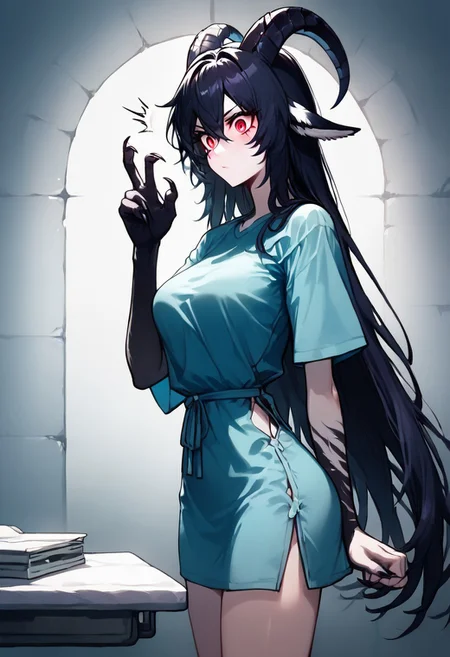 score_9, score_8_up, score_7_up, source_anime, uncensored, <lora:Viper_Risen-000014:1>, v1p3r1seV6, BREAK, 1 girl, solo, monster girl, 18 years old, 160 cm tall, sickly pale skin, bright red eyes, circles under the eyes, goat horns, black horns, ash-black hair, long hair, disheveled hair, medium breasts, claws, black arms, black legs to mid-thigh, pale blue dirty surgical shirt, bright red stripes on shoulders and neck, hospital gown, girl standing near table, holding folder with documents, looking at folder, surprised look, serious expression, side view, modern hospital, abandoned hospital, night, dim light, dark corridor