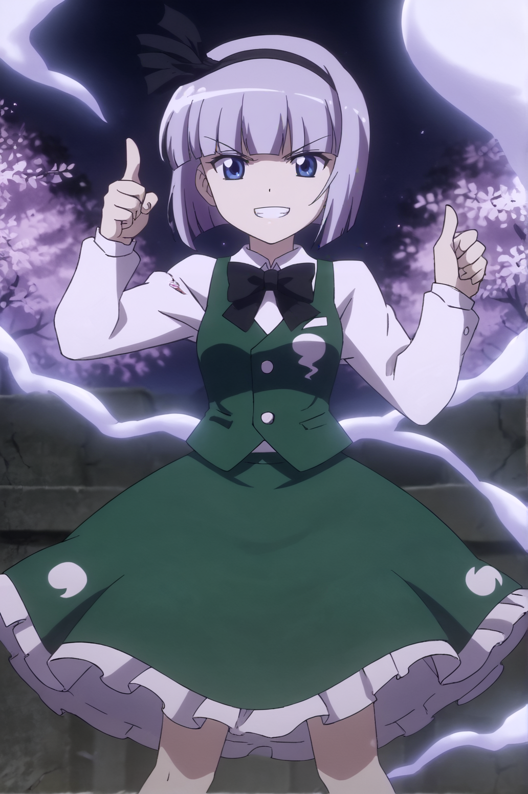score_9, score_8_up, score_7_up,anime_source, source_anime, best background, detailed background, anime screencap,  Youmu, bow, bowtie, ghost, green skirt, hitodama, ribbon, serious, shirt, skirt, solo, vest,grin, dynamic angle, thumbs up, dynamic camera,  outdoors, cherry blossom, soft particles, <lora:JN_Konpaku_Youmu:0.8>