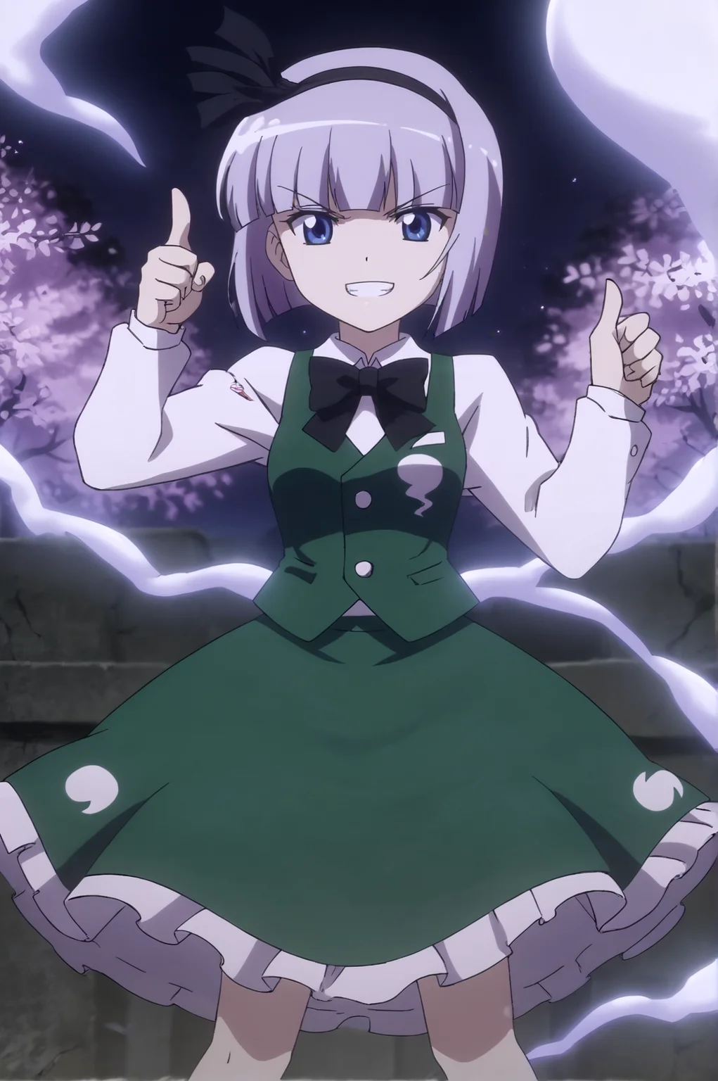 score_9, score_8_up, score_7_up,anime_source, source_anime, best background, detailed background, anime screencap, Youmu, bow, bowtie, ghost, green skirt, hitodama, ribbon, serious, shirt, skirt, solo, vest,grin, dynamic angle, thumbs up, dynamic camera, outdoors, cherry blossom, soft particles, <lora:JN_Konpaku_Youmu:0.8>