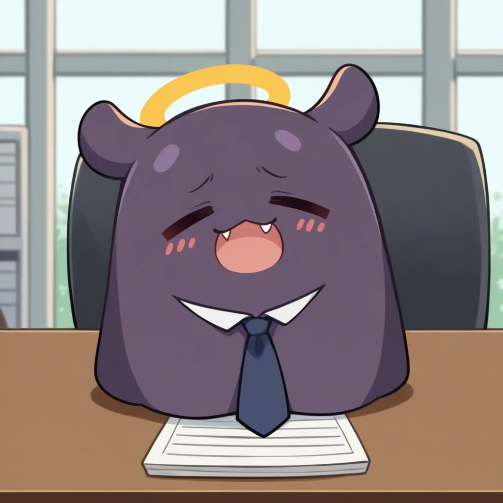 score_9, score_8_up, source_anime, Takodachi, no humans, chibi, octopus, halo, closed eyes, :3, blush, fang, open mouth, office, on table, necktie, <lora:ChamTakodachiPonyXL:1>