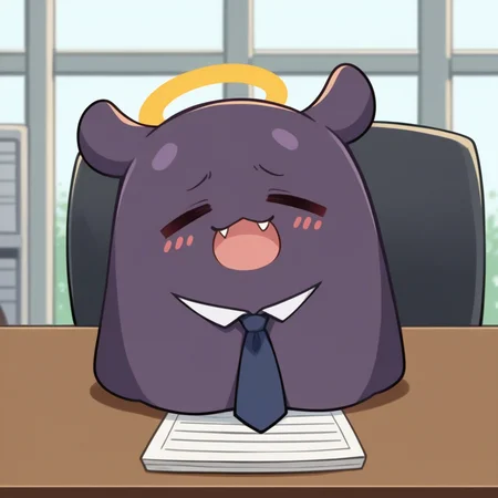 score_9, score_8_up, source_anime, Takodachi, no humans, chibi, octopus, halo, closed eyes, :3, blush, fang, open mouth, office, on table, necktie, <lora:ChamTakodachiPonyXL:1>