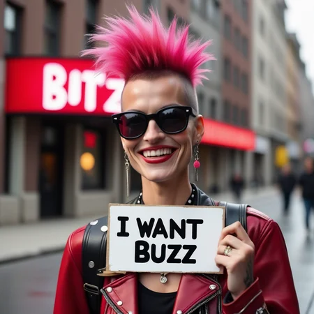 buzz, beautiful supermodel punk smiling with a sign with text "i want buzz" <lora:buzz-text:.85>