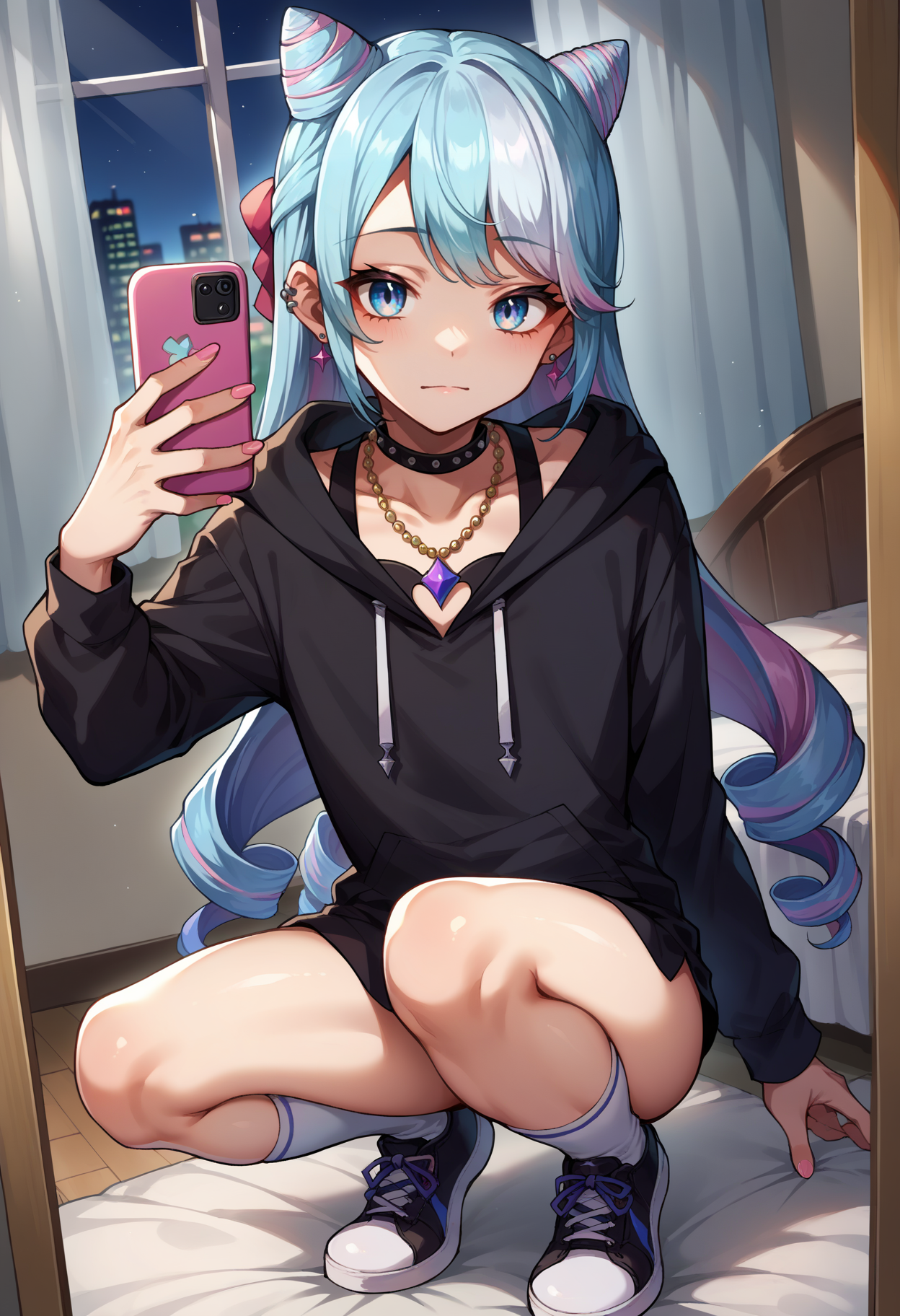 score_9, score_8_up,score_7_up, source_anime, 1boy, solo, otoko no ko, <lora:EPfeRosadoPony_epoch_6:0.75>, EPfeRosado, blue hair, multicolored hair,blue eyes, very long hair, pink hair, twin drills, drill hair, hair bun, cone hair bun, crossdressing, 
 necklace, ear piercing, black hoodie, white socks, kneehighs, sneakers, black sneakers, squatting, selfie, taking picture, mirror selfie, bedroom, bed, mirror, at a dark room, at night , city view from the window , gyaru,