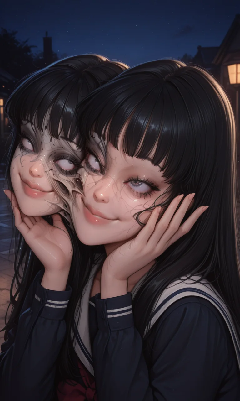 embedding:IllusP0s, artist:moriimee, tomie, extra face, black hair, bangs, long hair, smile, loving, 1girl, solo, outdoors, night, sailor school uniform,<lora:MoriiMee_Gothic_Niji_Style_Illustrious_r1.safetensors:0.8:0.8> <lora:tomie_ill_v2.safetensors:1:1>