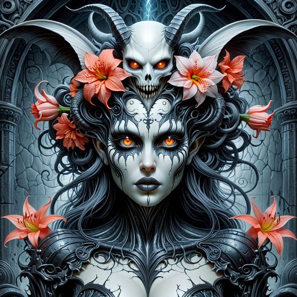 helios,psyche  head and shoulders portrait of succubus with flowers aquatic motifs, by Giger, Tim Burton, Artgerm, hyperdetailed,art by greg rutkowski
 <lora:helios2:1>