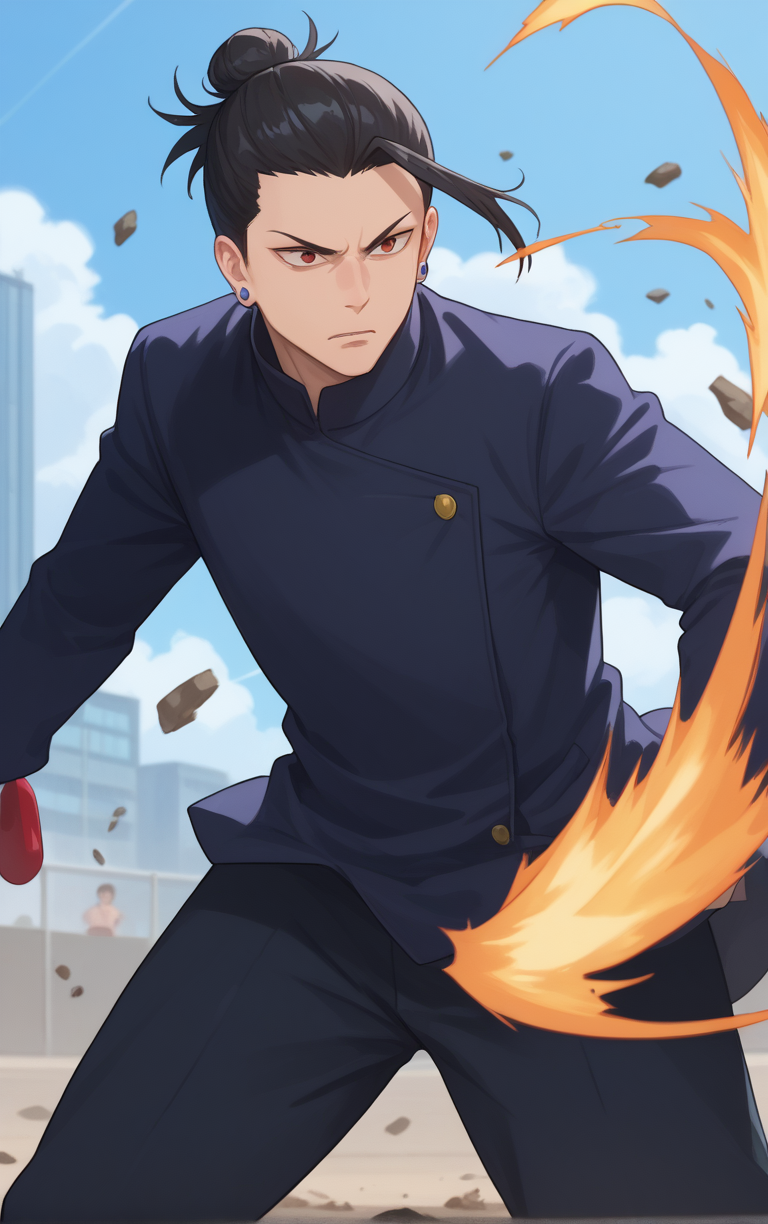 score_9, score_8_up, score_7_up, BREAK
YoungSchoolUniform_SuguroGeto_ownwaifu, 
1boy, black eyes, black hair, hair over one eye, hair pulled back, stud earrings, ear piercing, single hair bun, school uniform, black jacket, gakuran, short hair, long sleeves, black pants, bangs, high collar, topknot, hair bun,
(fighting stance), cowboy shot, simple background, debris, 
<lora:PONYXL_JujutsuKaisen_SuguroGeto_ownwaifu:0.8> , depth of field, 
,