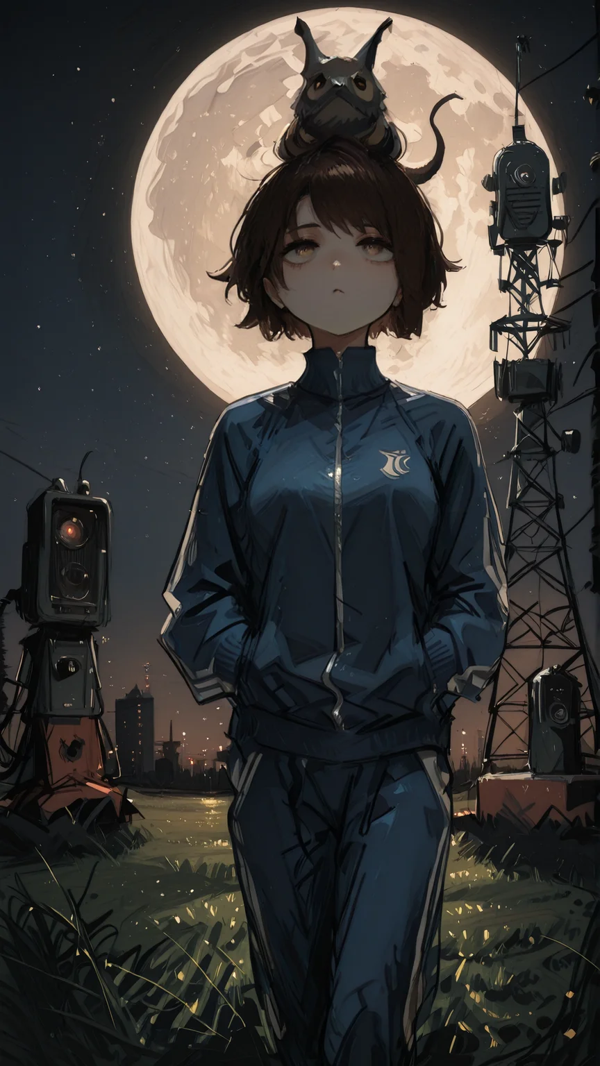 masterpiece, newest,absurdres,incredibly absurdres, best quality, amazing quality, very aesthetic, painterly, volumetric lighting,
1girl,full-length zipper, blue track suit, night, on grass, wavy short hair, brown hair,o3o, hands in pockets, hair slicked back, monster on head, radio tower, full moon,
<lora:re4lity:1> re4lity_sync_illu <lora:pikus0n_illu:1> pikus0n_style, sketch <lora:m4chigami_y0h_style:1> m4ch_illu, machigami_yoh_illu, cubism, abstract