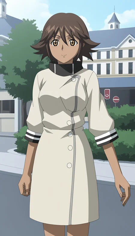 score_9, source_anime BREAK, oldest, anime screencap, outdoors, town, day, <lora:CelicaYayoi(Pony)-6:1>CelicaYayoi, 1girl, solo, short hair, brown hair, buttons, white buttons, dress, multicolored dress, turtleneck dress, sleeves_past_elbows , dark skin, dark-skinned female, looking at viewer, pencil skirt,