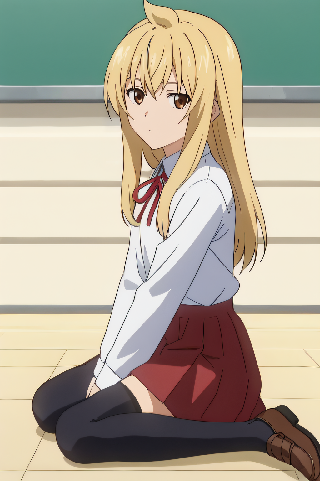 score_9, score_8_up, score_7_up, source_anime, rating_safe, intricate details, anime screencap, official style, 1girl, <lora:Minami_Chiaki:1>, chiaki, blonde hair, long hair, school uniform, white shirt, long sleeves, red knot, red skirt, black thighhighs, looking at viewer, expressionless, indoor, side view, sitting on floor, full body