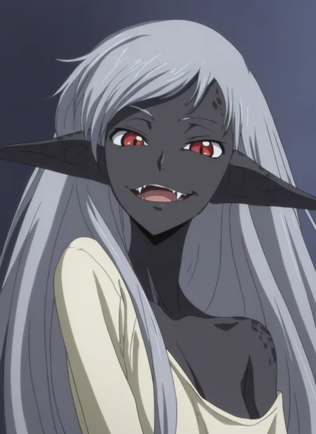 masterpiece, best quality, newest, absurdres, highres, cdgs, 1girl, fluffy, bat monster girl, large ears, skin spots, smug, fangs, open mouth, Long Sleeve Top, Messy Side Swept  with Taper Fade hair, grey hair, red eyes, black skin, detailed, <lora:Code_Geass_Style_Illustrious:1.0>
