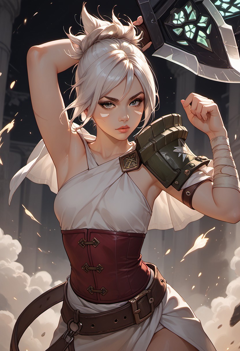 masterpiece,best quality, highly detailed, score_9, score_8_up, score_7_up, score_6_up, score_5_up, score_4_up, ((zPDXL3)), ((zPDXLxxx)), solo, rvn, white hair, short hair, ponytail, rvn, short hair, ponytail, facial mark, eyeshadow, top, criss-cross halter, single pauldron, shoulder armor, single glove, bandaged arm, corset, belt, skirt, single greave, (huge weapon, sword, broken weapon, magic), ((action pose)), (tanned skin), Expressiveh, 30yo, adult lustful confident woman, petite, slender body, perky saggy natural breasts, full lips, bangs, sidelocks, straps,
chinese magical sorceress, animated, swirling magic, wisps of magic, dancing pose, tight squeezed outfit, magical accessories, evoking motion, conveying motion, dynamic splash art