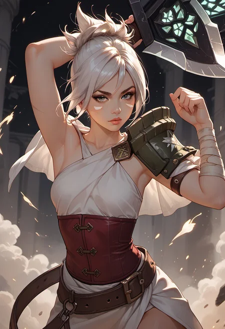 masterpiece,best quality, highly detailed, score_9, score_8_up, score_7_up, score_6_up, score_5_up, score_4_up, ((zPDXL3)), ((zPDXLxxx)), solo, rvn, white hair, short hair, ponytail, rvn, short hair, ponytail, facial mark, eyeshadow, top, criss-cross halter, single pauldron, shoulder armor, single glove, bandaged arm, corset, belt, skirt, single greave, (huge weapon, sword, broken weapon, magic), ((action pose)), (tanned skin), Expressiveh, 30yo, adult lustful confident woman, petite, slender body, perky saggy natural breasts, full lips, bangs, sidelocks, straps,
chinese magical sorceress, animated, swirling magic, wisps of magic, dancing pose, tight squeezed outfit, magical accessories, evoking motion, conveying motion, dynamic splash art