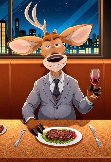 masterpiece, best quality, 1boy, solo, artist:lonbluewolf, night,
elliot the deer, looking at viewer, restaurant, table, sitting, first-person view, smile, grey suit, holding wine glass, steak, plate, window, city skyline, warm lighting, half-closed eyes, smile, tie, (3 fingers:1.2), hooved fingers, slightly chubby,
<lora:Elliot (Open Season) - NoobAIXL:1>