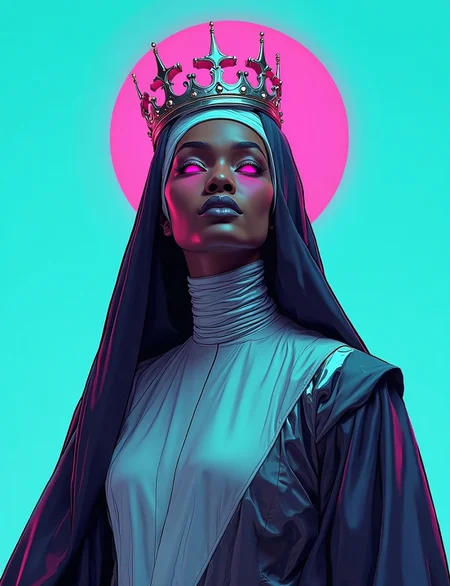 female african ghost nun wearing a simulated plugsuit and simulated crown. surreal vector illustration with a bold cyan-and-pink color palette, with sharp lines, geometric shapes, and striking contrasts.