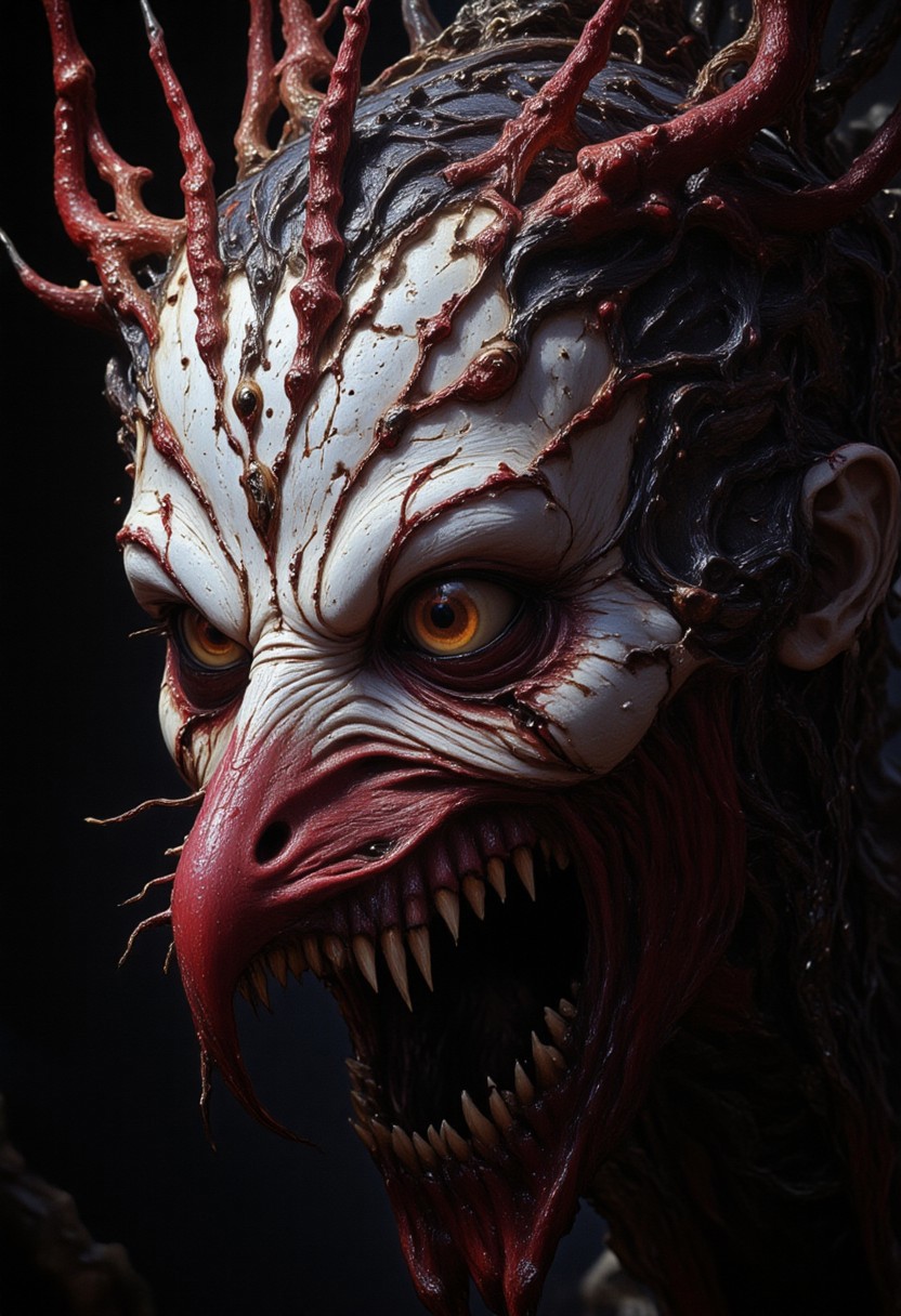 the Mokosh is an ancient drow and mythical female creature. She has long, sharp fangs for teeth and many spikes protruding from its head as it stares at the viewer with old soulless eyes, Her skin is white, engraved stone where every grove tells a story. She wears makeup like a clown. It is snarling menacingly at the viewer, demanding respect and loyalty. Extreme closeup head portrait, hyperdetailed, 8k resolution concept art, WLOP, Moebius, H.R. Giger, Royo, muddy, dark colors, minimal lighting, hyperrealism, digital illustration, intricate,( vapor:0.9), dorian cleavenger, brom, hyperrealism, digital illustration, horror, dark environment, (&:0)t  (photography, high-resolution, dynamic, energetic,hyper-realistic, dramatic lighting, shallow depth of field.)