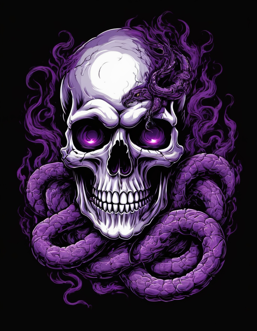 metal_tee, a skull with purple eyes and a purple mouth, surrounded by a snakes made of smoke. The smoke swirls around the skull, vector digital illustration, (black background:1.5) <lora:metal_tee_sdxl:1>