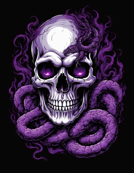 metal_tee, a skull with purple eyes and a purple mouth, surrounded by a snakes made of smoke. The smoke swirls around the skull, vector digital illustration, (black background:1.5) <lora:metal_tee_sdxl:1>