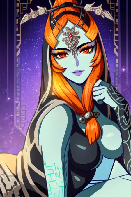 masterpiece, best quality, portrait of midna, full body, pelvic curtain, legs, slim, 1girl, breasts, colored sclera, blue skin, forehead jewel, front ponytail, grey skin, large breasts, lips, long hair, looking at viewer, midna, orange hair, solo, upper body, yellow sclera, intricate hair, official art