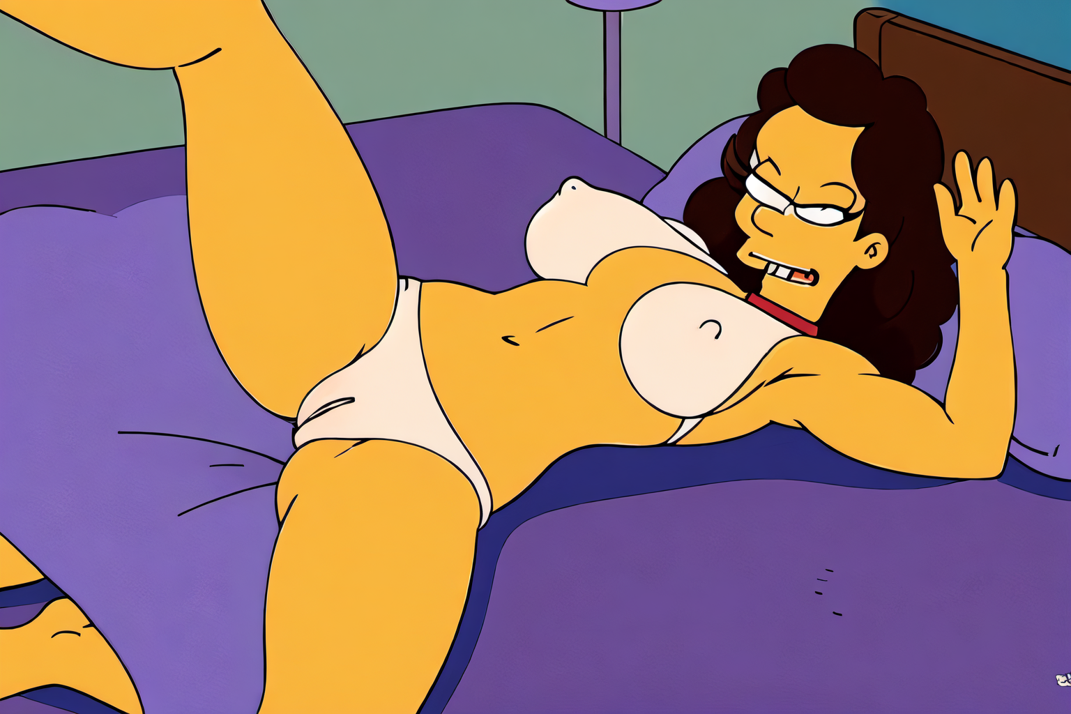 a woman with sexy body, in bed with open legs showing pussy, EdobSimpsons  <lora:EdobSimpsons_v1.0:0.8>