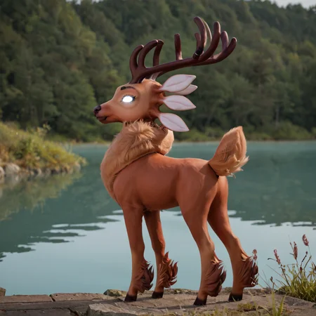 cinematic photo solo,gwen, ((feral1.7)), deer, furry, antlers,<lora:Gwen:1>,1girl,white eyes,deer tail,female, ((eyelashes:1.7)),cute,realistic fur,standing,lake,looking at viewer,slender,smiling,nude,((tall:1.7)),from behind . 35mm photograph, film, bokeh, professional, 4k, highly detailed