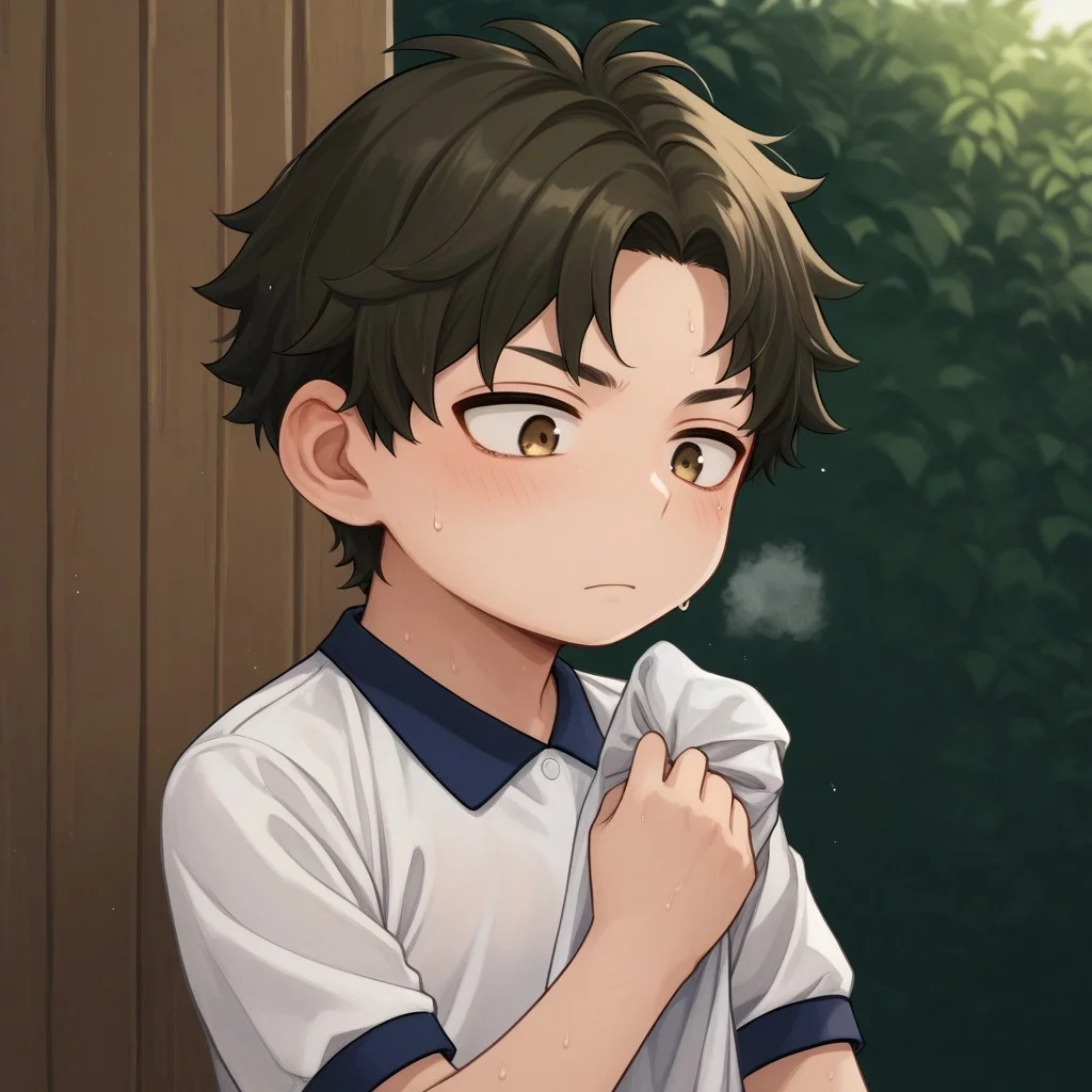 score_9, score_8_up, score_7_up, source_anime, highly detailed, cute boy, 1boy, solo, young, damian desmond, short hair, brown hair, brown eyes, gym uniform, white polo, short sleeve, black gym shorts, sweaty, wiping brow, breathing heavy