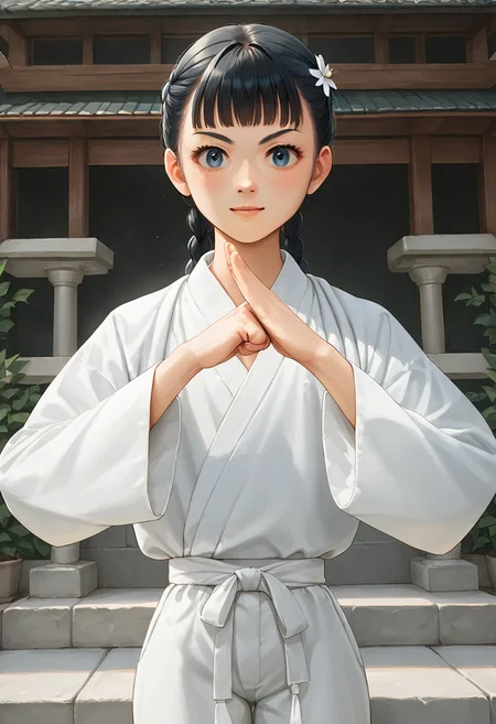 (fist-palm salute:1.5), score_9, score_8_up, score_7_up, source_anime, ultra detailed,
Generate a picture of a girl making fist-palm salute in a big garden in front of a big traditional Chinese building, (fist and palm folded in front), (hands together), front view, she is wearing a yin_yang_print robe, white pants, barefoot, looking at viewer seriously with light smile,
The girl has black hair which is made into twin braids with bangs, wearing hair ornament and hair flower, yellowish skin, flat chest, slender body with narrow waist, round face with light blue eyes.
,
<lora:saten-ruiko-ponyxl-lora-nochekaiser:1>,<lora:fist-palm_salute_Pony-000008:0.8>