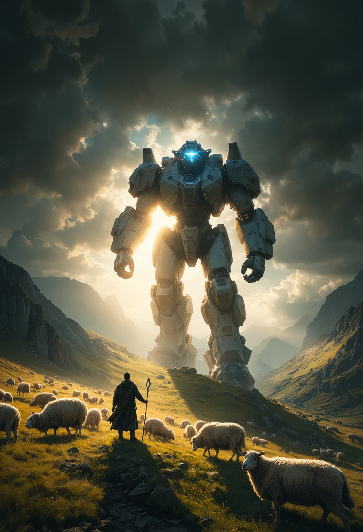 A fantasy landscape with a colossal and gigantic mech figure towering over a shepherd and his sheep. The lighting is dramatic, casting long shadows over the scene. Use a dark color scheme to create a sense of foreboding., <lora:MJ52:0.3>, <lora:MJ52_v2.0:0.7>, <lora:add-detail-xl:1>