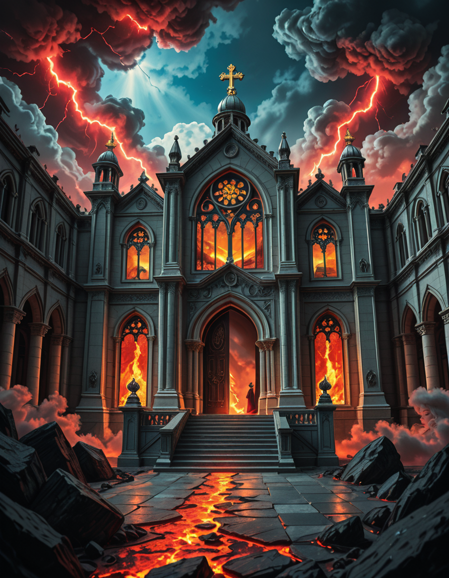 A once-majestic celestial temple, now under siege by the forces of Hell. The grand white stone structure is cracked and scorched, its golden crosses twisted and broken. The stained-glass windows, once glowing with warm divine light, are now shattered, with demonic symbols glowing ominously in their place. The sky, once a serene blue, is now consumed by dark storm clouds, swirling with red lightning and thick smoke.
Black, jagged chains extend from the sky, wrapping around the temple as if trying to pull it down into the abyss. The once-fluffy clouds beneath the structure are now a chaotic mix of fire, ash, and dark mist, with glimpses of molten lava cracks below. Infernal creatures with glowing red eyes lurk in the shadows, their silhouettes barely visible through the smoke and fire.
The temple doors are blown open, revealing an eerie red glow emanating from within, as if Hell itself is consuming the sacred space. Massive demonic runes are etched into the stone, pulsating with an unholy energy. The entire scene is bathed in a deep crimson and orange glow, giving it an apocalyptic and nightmarish atmosphere.
Style & Lighting:
- Dark fantasy, highly detailed
- Dramatic, high-contrast lighting with fiery glows
- Cinematic composition, epic scale
- Strong use of shadows, embers, and atmospheric foghighly detailed and atmospheric view from inside a massive birdcage, large enough for a human to stand inside. The cage is made of ornate, aged metal bars with intricate Victorian-style patterns, curving elegantly towards the domed ceiling. Sunlight filters through the gaps between the bars, casting long, dramatic shadows on the wooden floor. Delicate vines and small flowers have begun to grow around the bars, adding a touch of nature reclaiming the space. The background beyond the cage is blurred, hinting at a lush garden or a mysterious, abandoned mansion. The ambiance is serene yet slightly melancholic, with warm golden light illuminating dust particles floating in the air. Soft feathers are scattered on the floor, adding to the sense of quiet abandonment. The perspective makes the viewer feel as if they are inside the cage, looking outward, surrounded by both beauty and confinement. The style is highly detailed and realistic, with a cinematic and slightly surreal atmosphere.
<lora:SDXLFaeTastic2400:0.4> <lora:extremely_detailed:0.4> extremely detailed, <lora:evil_celestial_t3mpl3-i:1>,evil celestial t3mpl3, Masterpiece,best quality,hi res,8k,hi res,8k,award winning,(sharp focus, intricate, highly detailed),