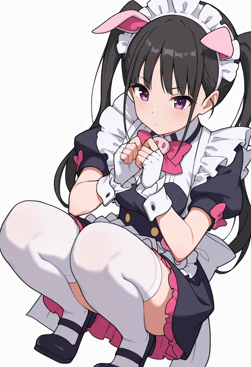 Smooth Quality,masterpiece,very intricate, high quality details, ultra realistic, high detailed skin,detailed enviorement,absurdres,
<lora:Hiiragi_Yume_Yumechi_CNR:1> hiiragi_cnr, black hair, long hair, twintails, purple eyes,fake animal ears, pig ears, hiiragi_maid_cnr,maid, maid headdress, maid apron, frilled apron, black dress, puffy short sleeves,white thighhighs, black footwear,fingerless gloves,white wrist cuffs,pink bowtie, frills,, simple background, white background, dutch angle,solo,
crouching, hands together, foot forward, intense, ready, ,, uwu,
