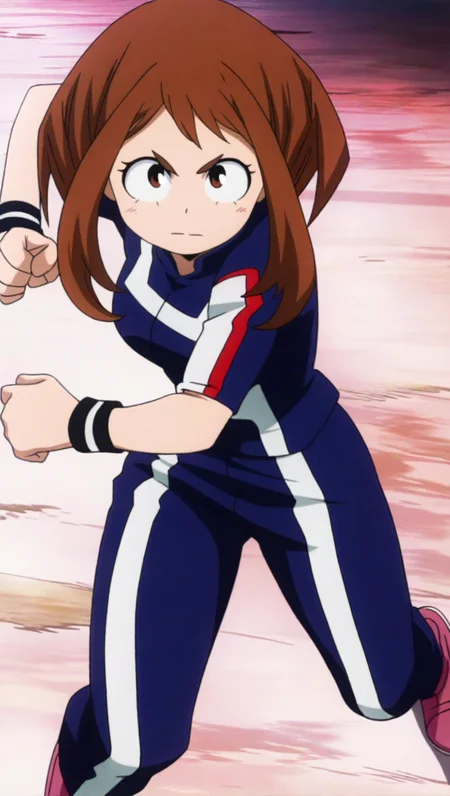 source_anime, masterpiece, best quality, amazing quality, anime screencap, high quality, 8k, absurdres, official style, 1girl, solo, looking at viewer, standing, serious, <lora:Ochako_Uraraka_iL:1>, 0ch4k0 ur4r4k4, brown eyes, brown hair, sidelocks, short hair, tournament outfit, blue and white jacket, blue and white pants, pink shoes, pink footwear, wristband,