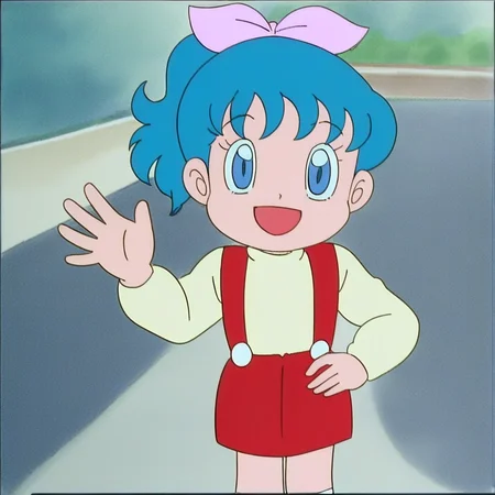 source_anime, 1girl, solo, mikikonoha, blue hair, blue eyes, blue hair ponytail, pink bow on hair, cream-colored long-sleeve shirt, red straps, red skirt, white long socks, red shoes, standing, looking at viewer, smile, opened mouth, waving hand, hand on hip, streets, outdoors