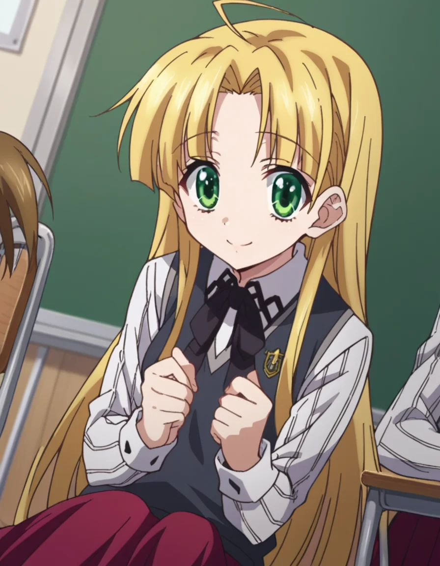 score_9, score_8_up, score_7_up, source_anime,
asiaargento, <lora:asia-argento-ponyxl-lora-nochekaiser:1>,
asia argento, long hair, blonde hair, green eyes, parted bangs, ahoge, smile,
skirt, shirt, long sleeves, ribbon, school uniform, pleated skirt, vest, red skirt, sweater vest,
indoors, classroom, sitting, desk, chair,
looking at viewer, dutch angle, cowboy shot,