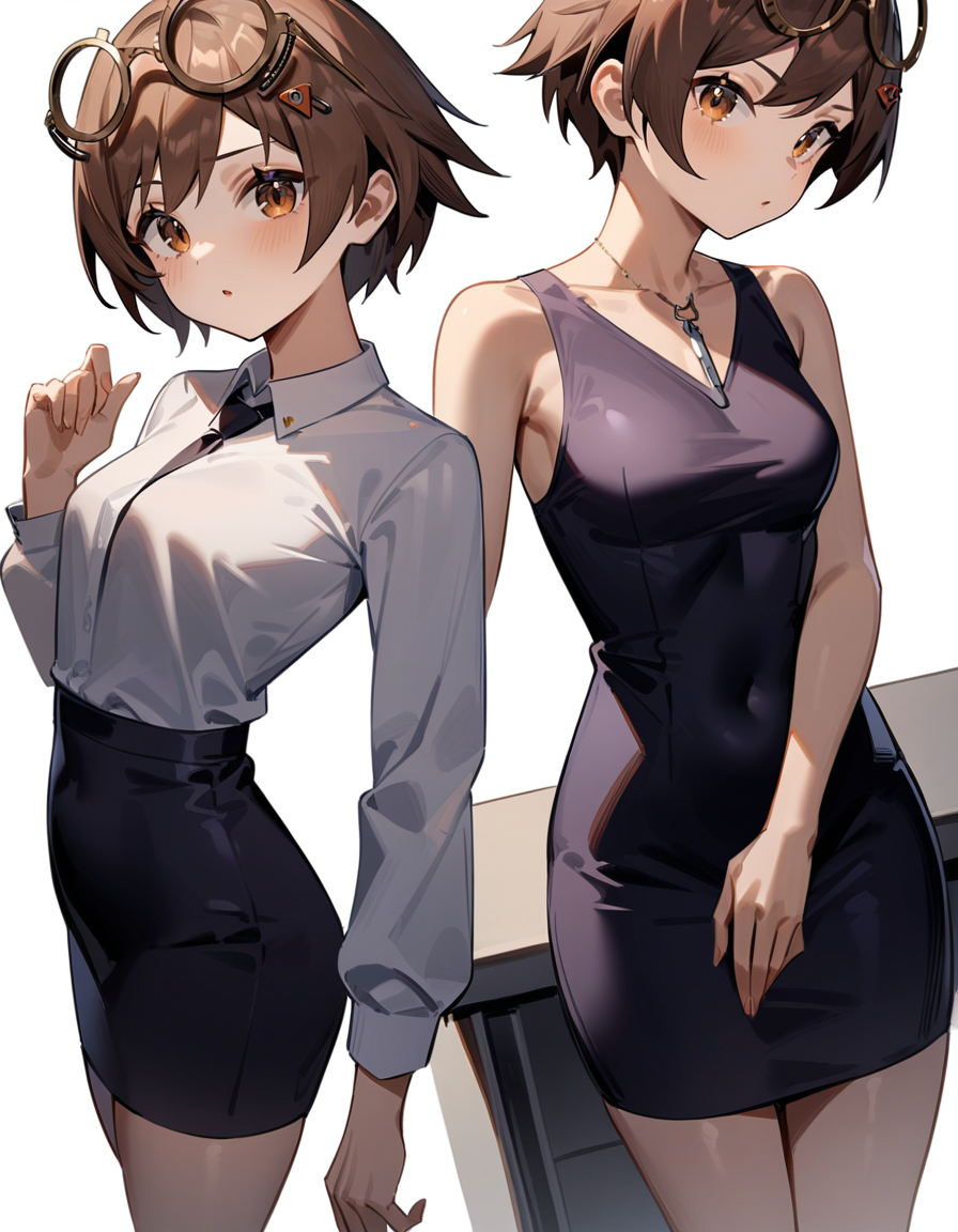 masterpiece,best quality,very aesthetic,absurdres,
(office lady:1.2),white background,looking at viewer,
<lora:qianqiu_xl:0.7>,felllowmoon-qianqiu,1girl,solo,brown hair,short hair,brown eyes,hair ornament,full shot,small breasts,eyewear on head,