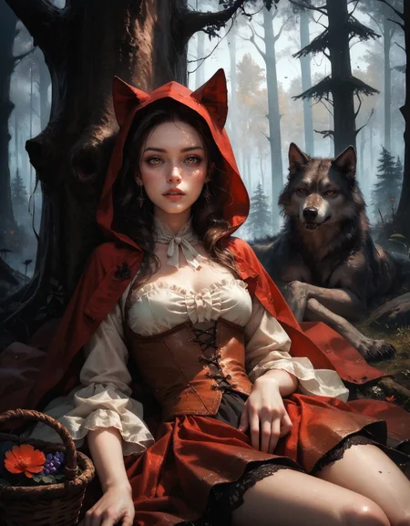 score_9, score_8_up, score_7_up, score_6_up, score_5_up, score_4_up, realistic, 3/4 pic, 19 year old sexy woman, brown eyes, Little red riding hood, sitting under a tree, (((big dark wolf laying beside her))), dark forest, looking at viewer, she has a wicker basket with a lid beside her, orange brown leather corset, short red mini skirt, skirt floating in wind, big round breast, seductive body, cute sexy pose, petite body, flirtatious look, forest background, 8k detail, smooth image, detailed face,