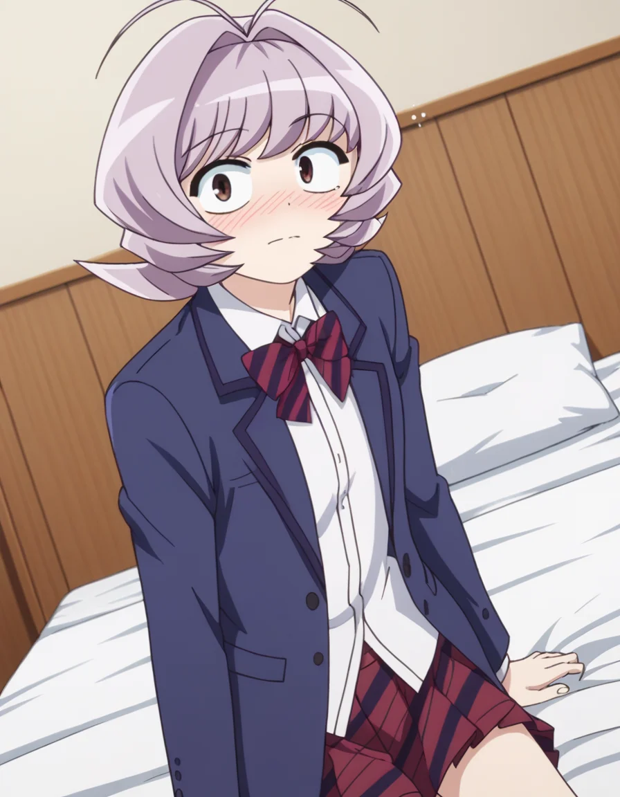 score_9, score_8_up, score_7_up, source_anime,
najimiosana, <lora:najimi-osana-s1s2-ponyxl-lora-nochekaiser:1>,
najimi osana, short hair, brown eyes, purple hair, hair intakes, antenna hair,
skirt, shirt, long sleeves, bow, school uniform, jacket, white shirt, pleated skirt, striped, collared shirt, bowtie, red skirt, blazer, blue jacket, striped bow, striped bowtie,
indoors, bed, bed room, on side, blush, drunk,
looking at viewer, cowboy shot, dutch angle, solo,