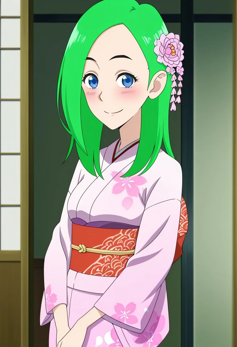 best quality, masterpiece, anime screencap, anime coloring, ultra detailed, source_anime, intricate details, perfect anatomy, looking at viewer, tbmidoriko, green hair, long hair, hair behind ear, blue eyes, breasts, smile,
japanese clothes, hair ornament, kimono, flower, hair flower, blush,