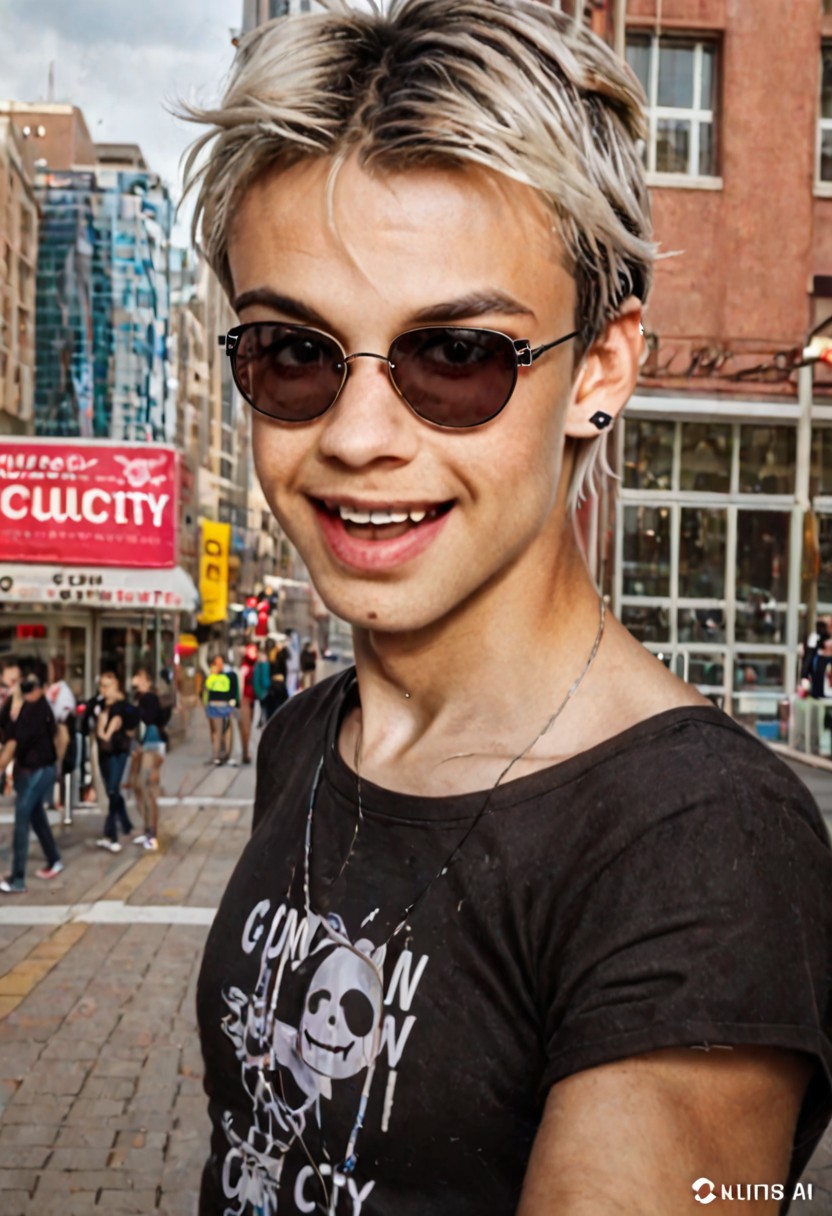 (Xcurix:1.6),(in city:1.5), guy close portrait, black tshirt, white hair, sunglasses, very open mouth, smiling , modern clothes stile ciberpunk, high definition,