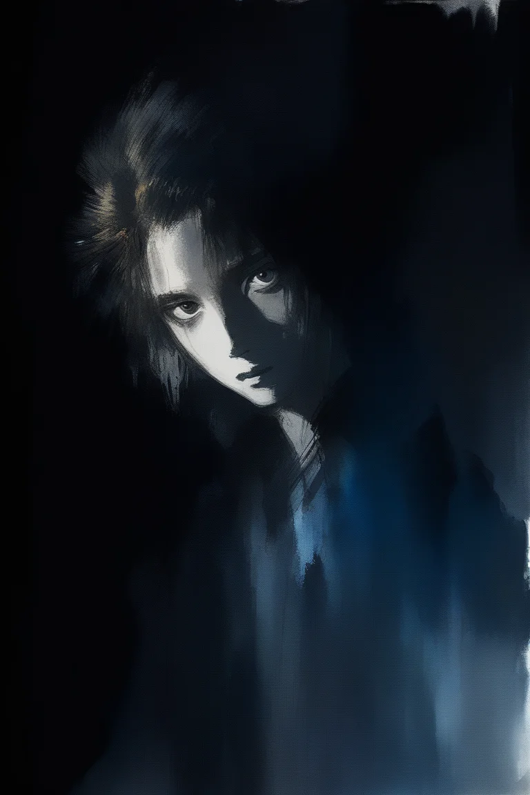 by amano yoshitaka, (Broad lighting), low-key lighting, painterly, dark background, portrait, heavy-lidded eyes, unusual composition, use of negative space, dark theme, spectral, <lora:amano_yoshitaka_xl:1>