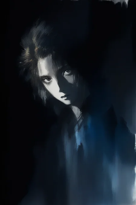 by amano yoshitaka, (Broad lighting), low-key lighting, painterly, dark background, portrait, heavy-lidded eyes, unusual composition, use of negative space, dark theme, spectral,  <lora:amano_yoshitaka_xl:1>