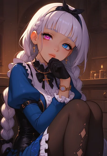 Expressiveh, score_9, score_8_up, score_7_up, godrays, solo, 1girl, alyce_(dohna_dohna), silver hair, long hair, pink eyes,blue eyes, heterochromia,twin braids, blunt bangs, side braids,, adult face, adult body, curvy, beautiful face, black hairband, bodysuit under clothes, black bodysuit, frilled dress, black gloves, argyle clothes, blue dress, white dress, watch, pocket watch, black footwear, frills, argyle legwear, pantyhose,two-tone dress, shoes, cross-laced dress, puffy sleeves, short sleeves, long sleeves, ribbon, ((Coquettish, playful, coy expression)), cinematic light, cinematic colors,