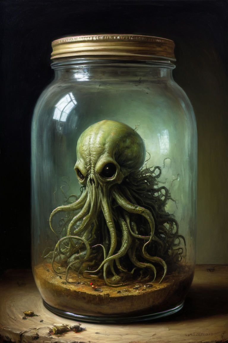 Cthulhu inside a jar, by peter de seve, (masterful but extremely beautiful:1.4), (masterpiece, best quality:1.4) , in the style of nicola samori, Distorted, horror, macabre, circus of terror, twisted humor, creepy atmosphere, nightmarish visuals, surrealistic, eerie lighting, vibrant colors, highly detailed, by John Kenn Mortensen, <lora:NicolaSamori:0.7> <lora:add-detail-xl:1> <lora:xl_more_art-full_v1:0.5>