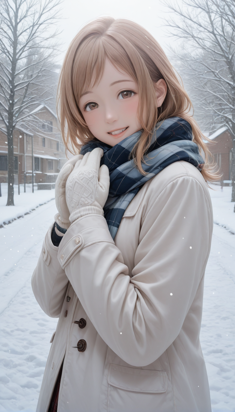 <lora:LCMTurboMix_Euler_A_fix:1> <lora:example_SDXL:0.3>, EZRealPONYXL, <lora:Dramatic Lighting Slider:3>  
DSLR,realistic,cosplay photo, (very awa,masterpiece,best quality,year 2024,newest,absurdres,highres:1), realistic,skin texture,facial features, photography shot with Canon EOS 5D Mark IV , realistic, RAW, best quality, masterpiece, amazing quality, skin details,
1girl, highly detailed beautiful face, natural breasts,
detailed background, shiny skin, dutch angle, night, moonlight,
beautiful detailed eyes, intricate details, absurdres, anime screencap,
<lora:SakuragiMano_IdolMaster_ILXL_kill0825:1>
IMSakuragiMano, 1girl, solo, long hair, looking at viewer, blush, smile, open mouth, skirt, brown hair, long sleeves, gloves, brown eyes, jacket, :d, outdoors, sky, day, medium hair, looking back, white gloves, scarf, from side, coat, tree, hands up, looking to the side, plaid, dutch angle, swept bangs, red skirt, white jacket, light brown hair, own hands together, building, snow, brown skirt, snowing, winter clothes, checkered clothes, mittens, blue scarf, house, winter, bare tree, plaid scarf, winter coat, tower, enpera, white mittens, white sky, fur jacket, white coat, argyle clothes