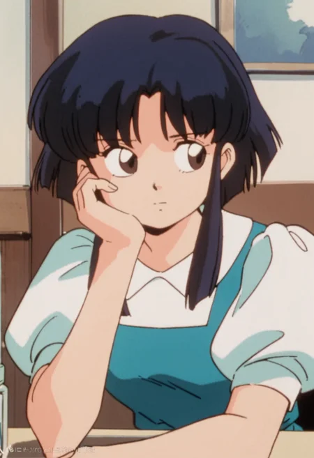 1girl, solo, retro artstyle, tendoakane,furinkanuniform,white shirt, puffy sleeves, short sleeves, dress, puffy short sleeves, blue dress, retro artstyle, bangs, sidelocks, upper body, portrait, indoors,closed mouth, short hair, short hair with long locks, hand on own face, hand on own cheek, looking to the side, head rest,<lora:akane tendo_xl_v2:0.7>,