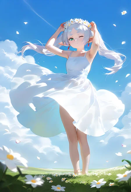 1girl, frieren, sousou no frieren, arms up, blue sky, chromatic aberration, closed mouth, cloud, dress, elf, floating hair, flower, full body, grass, green eyes, head wreath, long hair, looking ahead, one eye closed, outdoors, parted bangs, pointy ears, short eyebrows, sidelocks, sky, sleeveless, sleeveless dress, solo, twintails, white dress, white flower, white hair, wind, bare arms, flower wreath, arm up, petals, looking at viewer, wind lift, day, earrings, field, depth of field, floating clothes, dangle earrings, falling petals, cloudy sky, blurry, long pointy ears, smile, jewelry <lora:nyaliaXLillokrV531-000119:0.95>